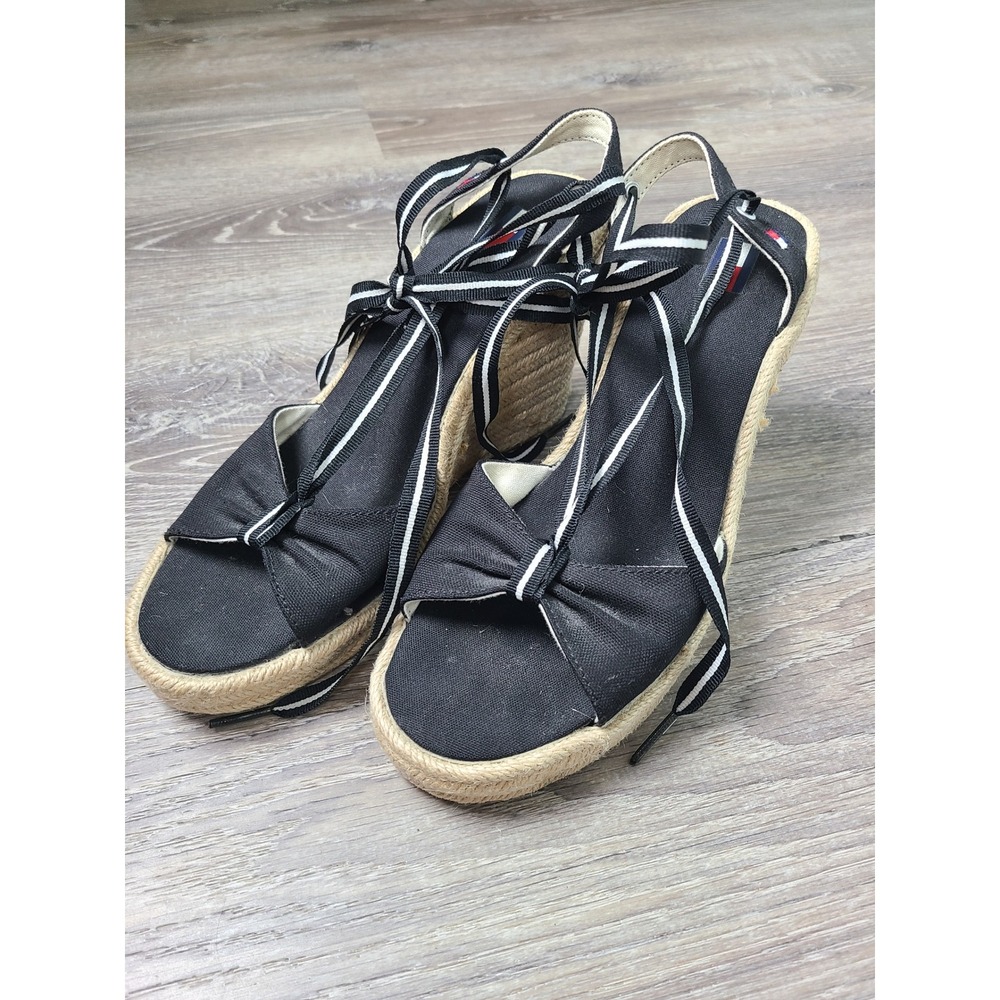 Tommy Hilfiger Sz 7.5 Espadrilles Platform Wedge Heels Ankle Wrap Bows Old Money